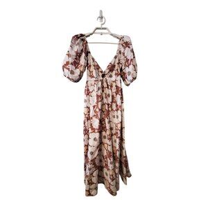 Abercrombie & Fitch O-ring puff sleeve midi dress womens XS floral brown white